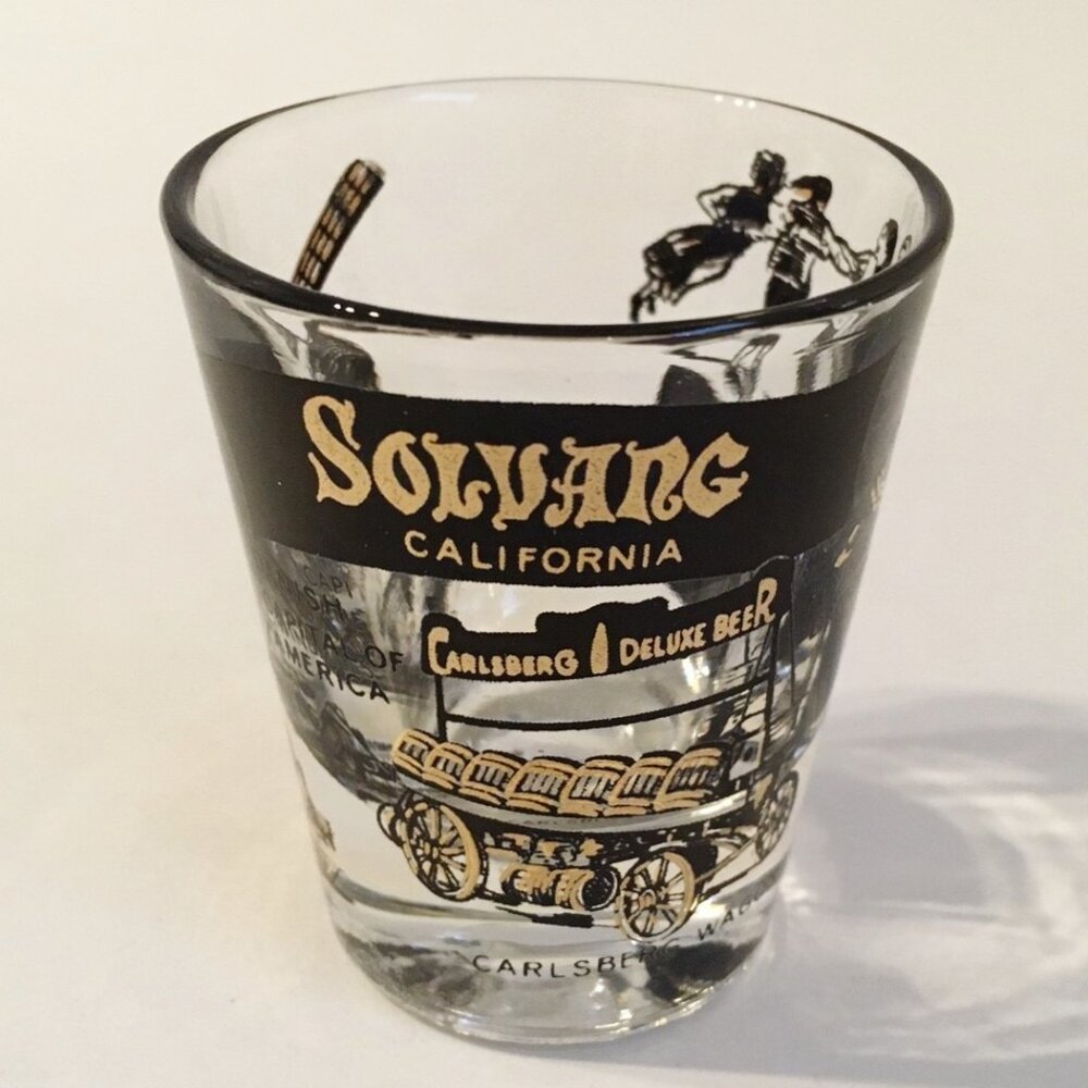 Shot Glass Solvang California Danish Town Windmill Dancers Flag Collectible Bar